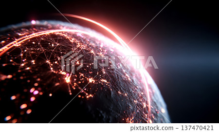 一顆行星的圖像，其表面佈滿粉紅色和金色的光線，相互連接，形成一張網絡。 137470421