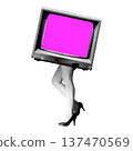 Surreal Retro Collage of Woman Legs with Vintage Television Screen Head in Halftone Dotted Effect 137470569