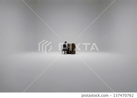 一個男人獨自在廣闊的灰色空間裡彈奏直立式鋼琴。 137470762