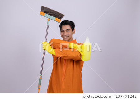Cleaner with mop and bucket making a funny face 137471242