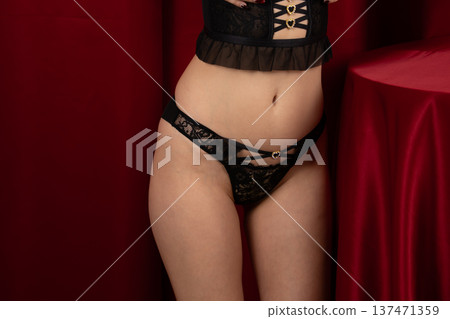 Close up of a woman wearing black lace panties Close up of a woman wearing black lace panties 137471359