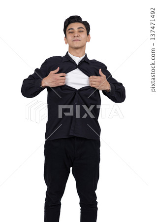 Man in black shirt making a heart shape with hands in studio 137471492