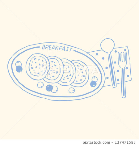 Hand drawn pancake breakfast plate with berries, spoon and fork in minimalist blue line style. Trendy morning food vector illustration perfect for cafe branding, menu design and packaging Hand drawn pancake breakfast plate with berries, spoon and fork in minimalist blue line style. Trendy morning food vector illustration perfect for cafe branding, menu design and packaging 137471585