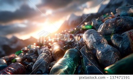 大量塑膠瓶垃圾被傾倒在雪山上 137471591