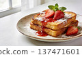 French toast decorated with strawberry sauce | An elegant breakfast image 137471601