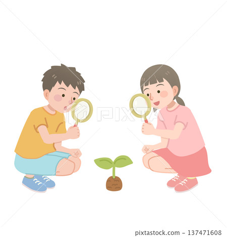 Illustration of a boy and girl looking through a magnifying glass Illustration of a boy and girl looking through a magnifying glass 137471608