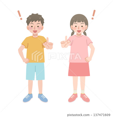男孩和女孩指向的插圖 男孩和女孩指向的插圖 137471609