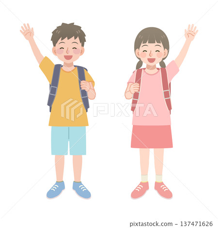 Illustration of an elementary school student carrying a school bag raising his hand 137471626