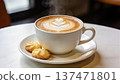 Cafe time with latte art and baked goods | Warm food and drink ingredients 137471801