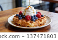 Waffles with berries and whipped cream | Bright brunch ingredients 137471803