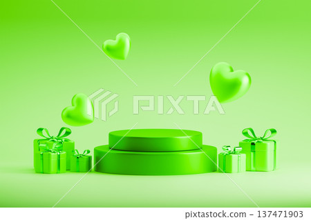 Green podium with floating hearts and gift boxes Green podium with floating hearts and gift boxes 137471903