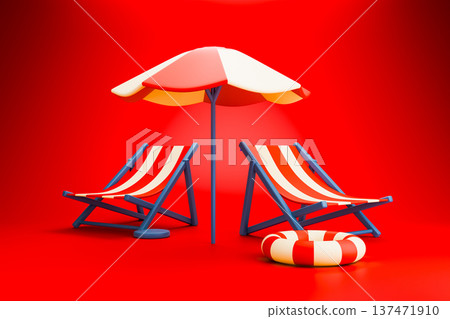 Beach scene with sun lounger and umbrella on red Beach scene with sun lounger and umbrella on red 137471910