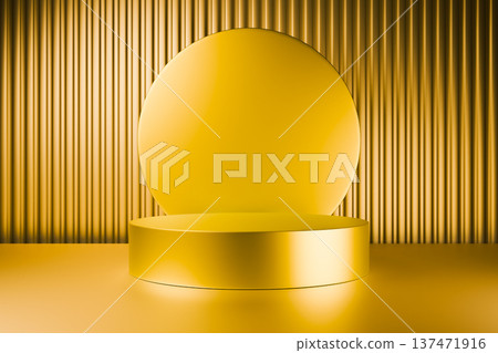 Round golden podium against a textured yellow wall Round golden podium against a textured yellow wall 137471916