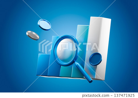 Magnifying glass and financial documents on blue background Magnifying glass and financial documents on blue background 137471925