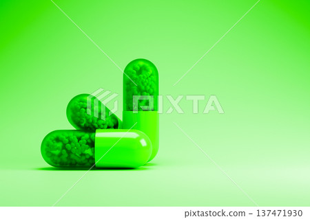 Green 3d capsules on a bright green background Green 3d capsules on a bright green background 137471930