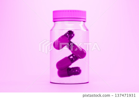Pink 3d capsules in a glass bottle on purple background Pink 3d capsules in a glass bottle on purple background 137471931