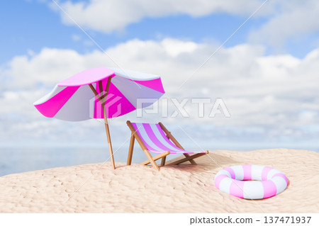 Realistic beach scene with sand sea and umbrella Realistic beach scene with sand sea and umbrella 137471937