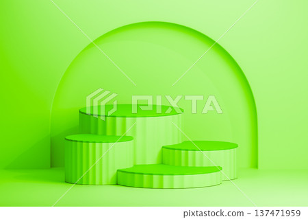 Bright green 3d podium with arch and circle shapes Bright green 3d podium with arch and circle shapes 137471959