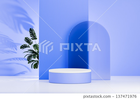 Blue 3d podium with tropical leaf and vertical lines Blue 3d podium with tropical leaf and vertical lines 137471976