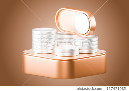 Golden gift box with silver coins on a podium Golden gift box with silver coins on a podium 137471985