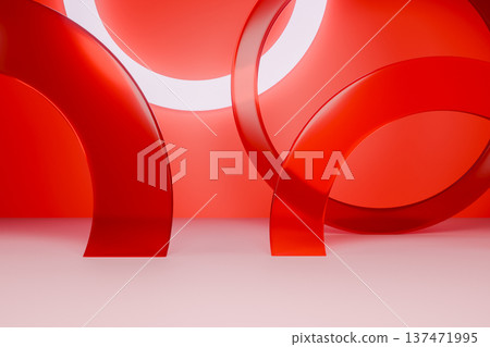 Red 3d podium with abstract glass rings 137471995