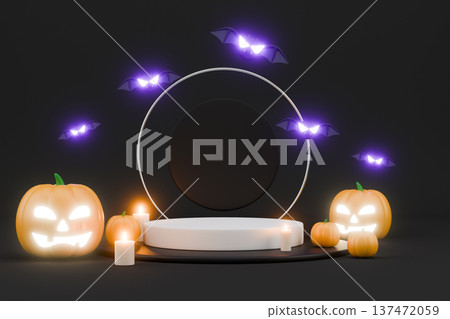 Black Halloween stage with glowing bats and white podium 137472059