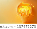 An eco-friendly cityscape in a light bulb Papercraft style Solar and wind power generation Sustainable society SDGs image 137472273