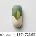 Illustration of capsules and leaves. Image of natural supplements and medicines. Paper craft style. Organic health. 137472365