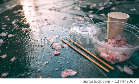 賞櫻後的垃圾,櫻花花瓣和一次性容器,環境問題,禮儀,落花,節後,留白 賞櫻後的垃圾,櫻花花瓣和一次性容器,環境問題,禮儀,落花,節後,留白 137472367