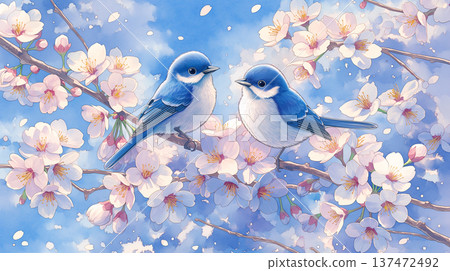 春日風景插畫，櫻花盛開，一隻小鳥棲息在枝頭，水彩畫描繪了花瓣在藍天下搖曳生姿的景象，展現了自然、季節和療癒的意境。 137472492