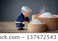 Paper craft of a Japanese sake brewer, a sake brewer checking the steamed rice in a wooden barrel, Japanese-style miniature figure 137472543