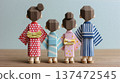 Back of a family wearing yukata. Paper craft. Family of four. Summer festival, fireworks display, sightseeing image. Japanese summer. Copy. 137472545