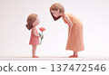 Girl and mother giving flowers on Mother's Day. Image of gratitude. Paper craft style. Low poly. Parent and child. 3D illustration. White background. 137472546