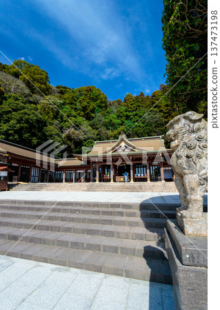 鹿兒島縣護國神社(鹿兒島市)的神社和守護獅子雕像 鹿兒島縣護國神社(鹿兒島市)的神社和守護獅子雕像 137473198