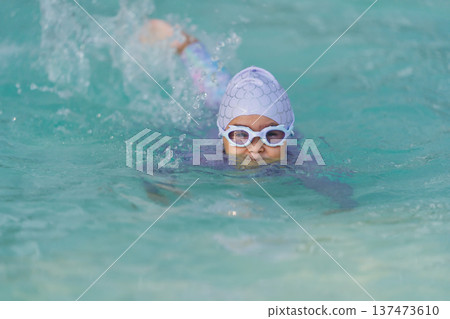 preschool child girl playing and swimming in pool 137473610