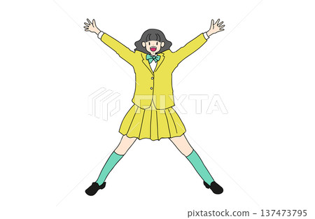 Illustration of a high school girl jumping with her arms outstretched in joy. Energy and success. Hand-drawn vector material Illustration of a high school girl jumping with her arms outstretched in joy. Energy and success. Hand-drawn vector material 137473795