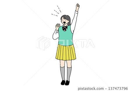 一幅高中女生揮拳歡呼的插圖。象徵成功和動力。手繪向量素材。 137473796