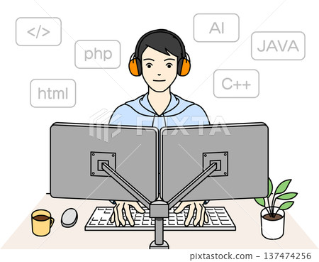 A man using earmuffs to create a quiet environment and concentrate on programming A man using earmuffs to create a quiet environment and concentrate on programming 137474256