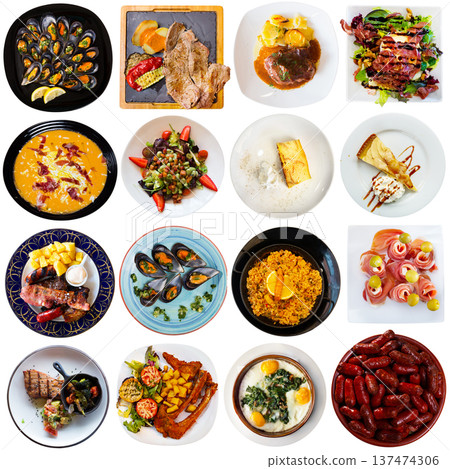 Dishes of Spanish cuisine isolated on white 137474306