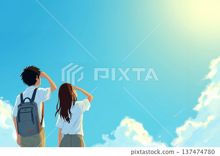 背著書包的男男女女學生背對著鏡頭,沐浴在明媚的陽光和蔚藍的天空下,心中懷抱著對未來的希望與夢想。 背著書包的男男女女學生背對著鏡頭,沐浴在明媚的陽光和蔚藍的天空下,心中懷抱著對未來的希望與夢想。 137474780