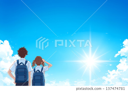 Anime-style illustration of a young man and woman looking up at the sky in the dazzling sunlight, perfect for imagining a new life or challenge Anime-style illustration of a young man and woman looking up at the sky in the dazzling sunlight, perfect for imagining a new life or challenge 137474781