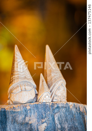 A view of woodcarving folk art and traditional crafts lined up at Ainu Kotan in Akan, Hokkaido A view of woodcarving folk art and traditional crafts lined up at Ainu Kotan in Akan, Hokkaido 137475146
