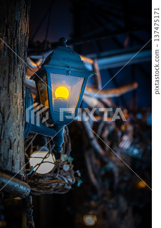 A view of woodcarving folk art and traditional crafts lined up at Ainu Kotan in Akan, Hokkaido 137475171