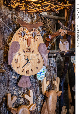A view of woodcarving folk art and traditional crafts lined up at Ainu Kotan in Akan, Hokkaido A view of woodcarving folk art and traditional crafts lined up at Ainu Kotan in Akan, Hokkaido 137475185