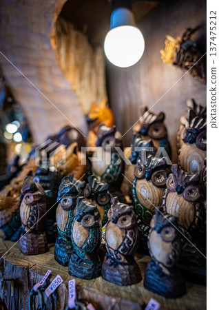 A view of woodcarving folk art and traditional crafts lined up at Ainu Kotan in Akan, Hokkaido A view of woodcarving folk art and traditional crafts lined up at Ainu Kotan in Akan, Hokkaido 137475212