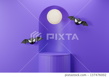 Purple halloween stage with moon and bats 3d render 137476002