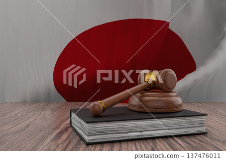 Wooden mallet on book with japan flag background 3d 137476011