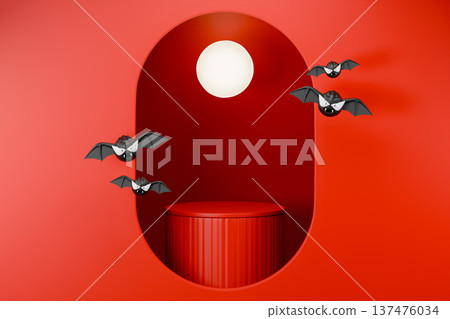 Dark red stage with spooky halloween bats 3d render 137476034