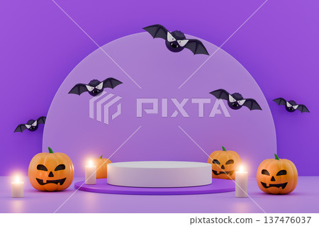 Purple halloween podium with pumpkins and bats 3d render 137476037