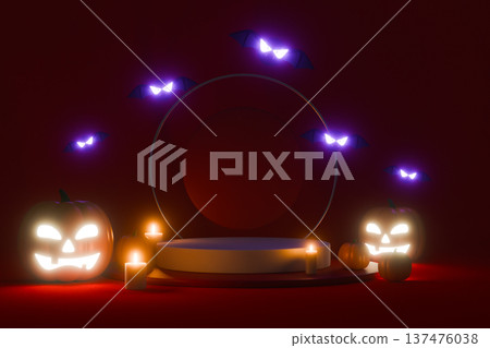 Dark podium with glowing pumpkins and bats 3d render 137476038